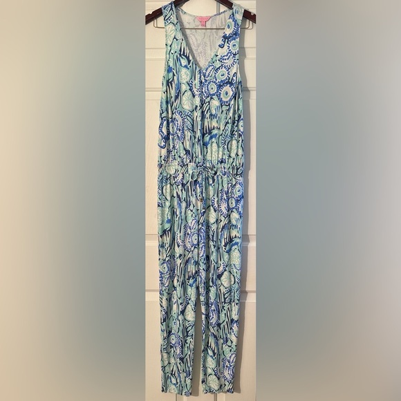LILLY PULITZER Small Paulina Jumpsuit Sunset Swim Blue Green Tank Cropped Slim - Picture 3 of 15
